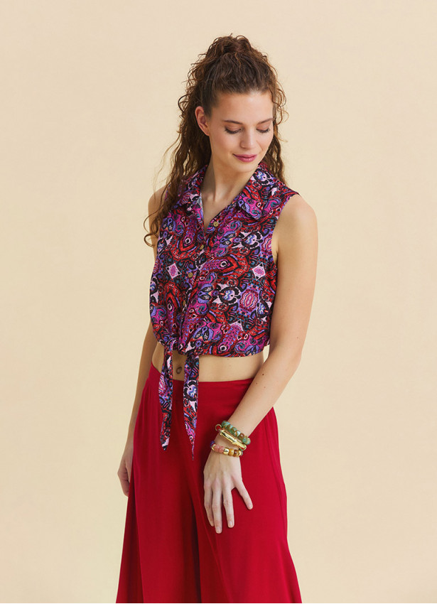 Shirt Collar Asymmetrical Cut Fuchsia Sleeveless Blouse 4962