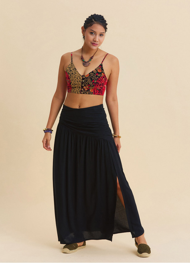 Drape Detail Slit Black Bohemian Skirt  4907