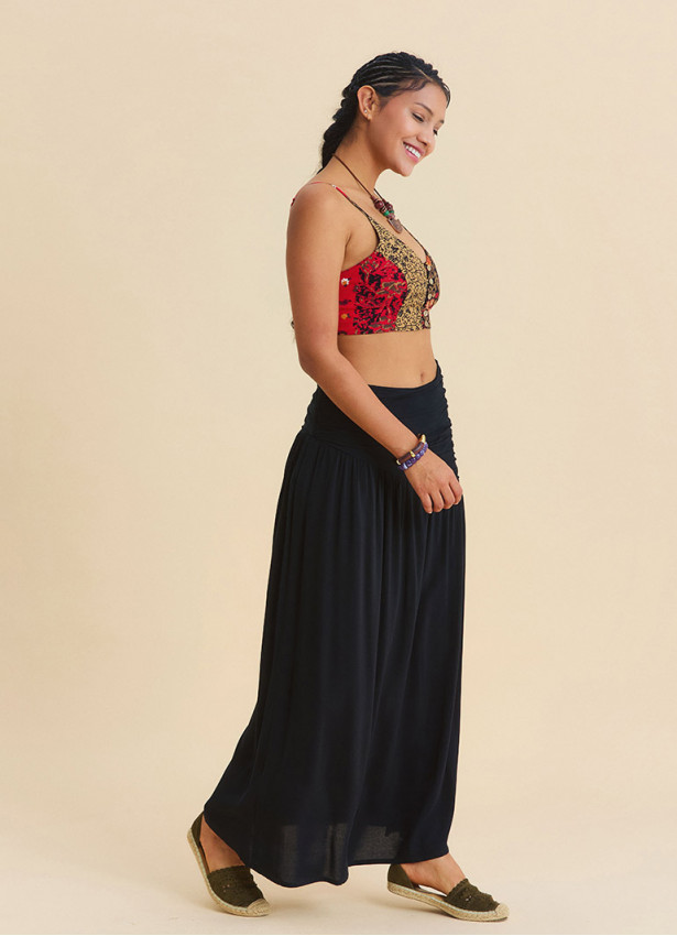 Drape Detail Slit Black Bohemian Skirt  4907