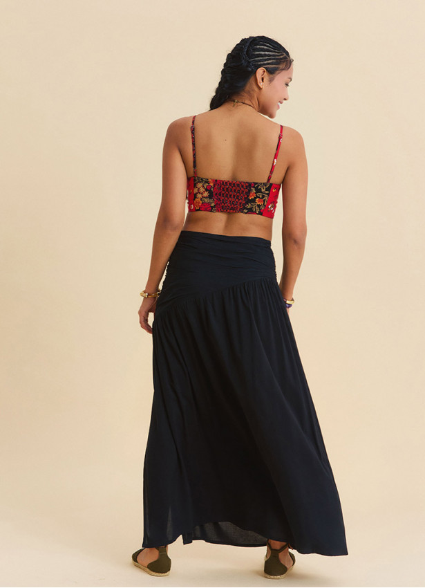 Drape Detail Slit Black Bohemian Skirt  4907