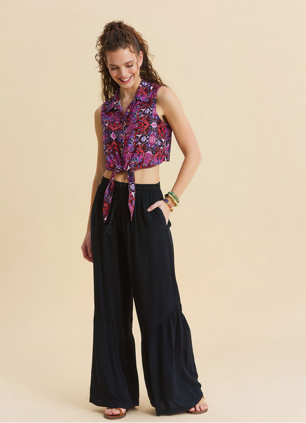Black Wide Leg Trousers with Elasticated Waistband Pleats and Pockets 4860