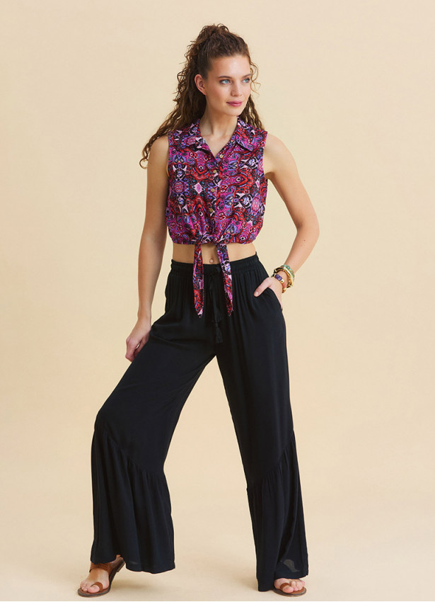 Black Wide Leg Trousers with Elasticated Waistband Pleats and Pockets 4860
