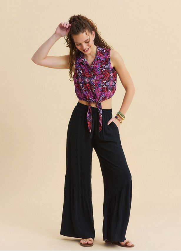 Black Wide Leg Trousers with Elasticated Waistband Pleats and Pockets 4860