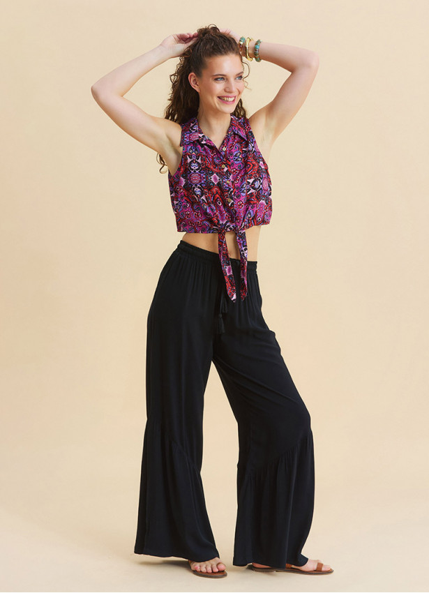 Black Wide Leg Trousers with Elasticated Waistband Pleats and Pockets 4860
