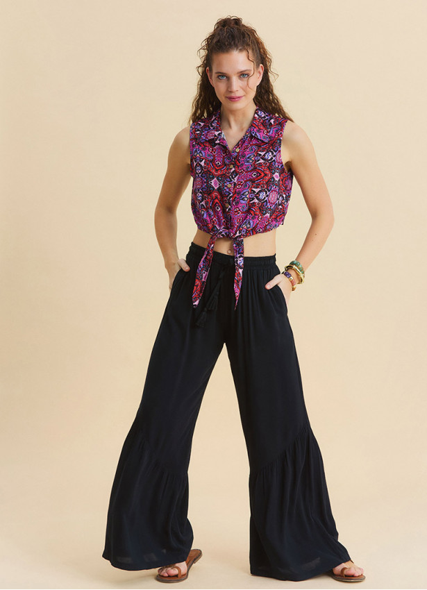 Black Wide Leg Trousers with Elasticated Waistband Pleats and Pockets 4860