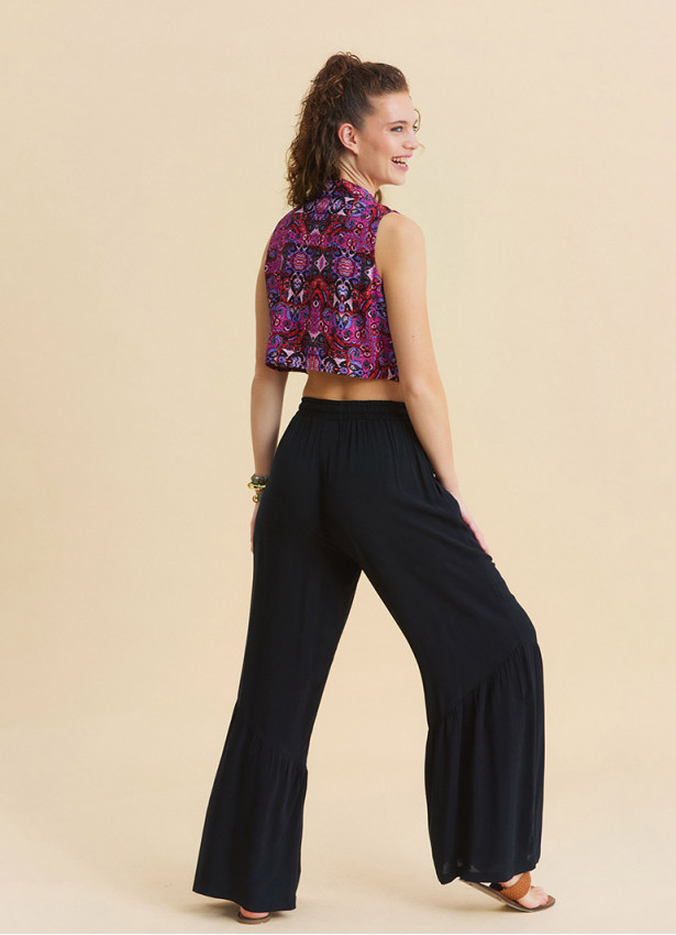 Black Wide Leg Trousers with Elasticated Waistband Pleats and Pockets 4860