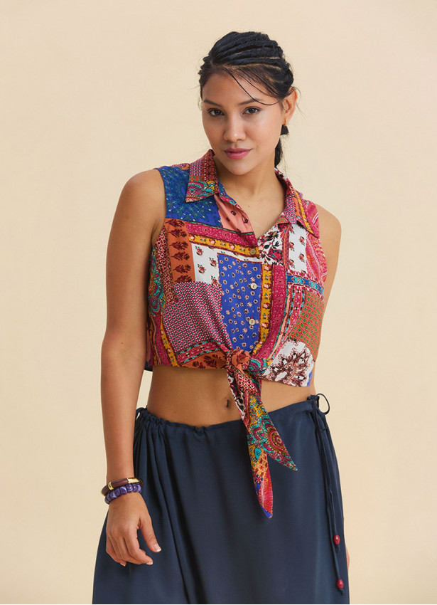 Asymmetrical Cut Blue Summer Blouse with Shirt Collar  4965