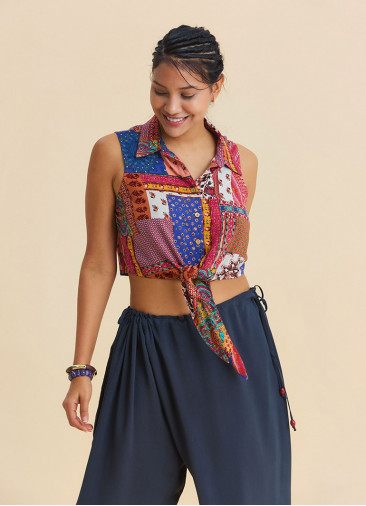 Asymmetrical Cut Blue Summer Blouse with Shirt Collar  4965