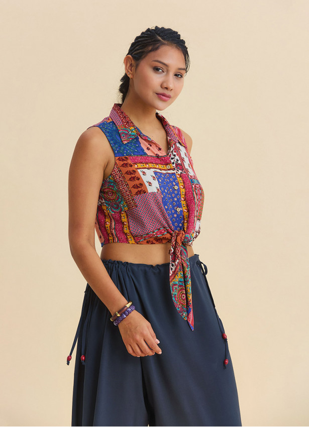 Asymmetrical Cut Blue Summer Blouse with Shirt Collar  4965