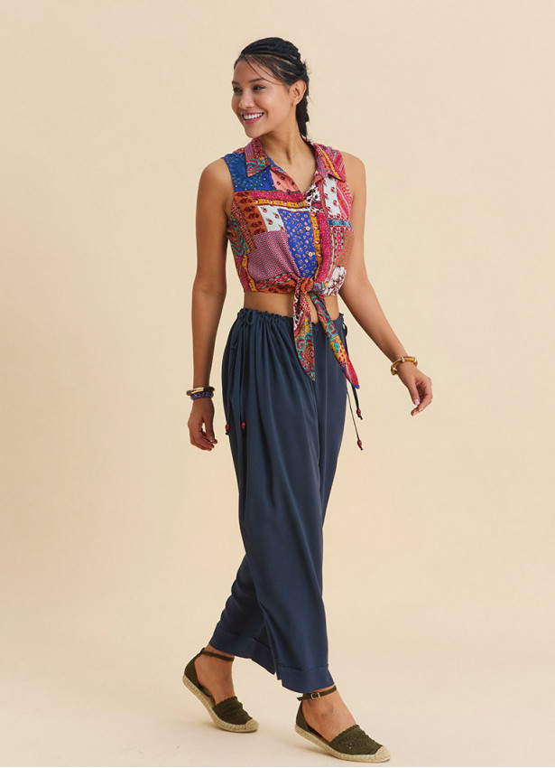 Adjustable Waist Anthracite Women's Bohemian Trousers with Drawstring Detail 4852