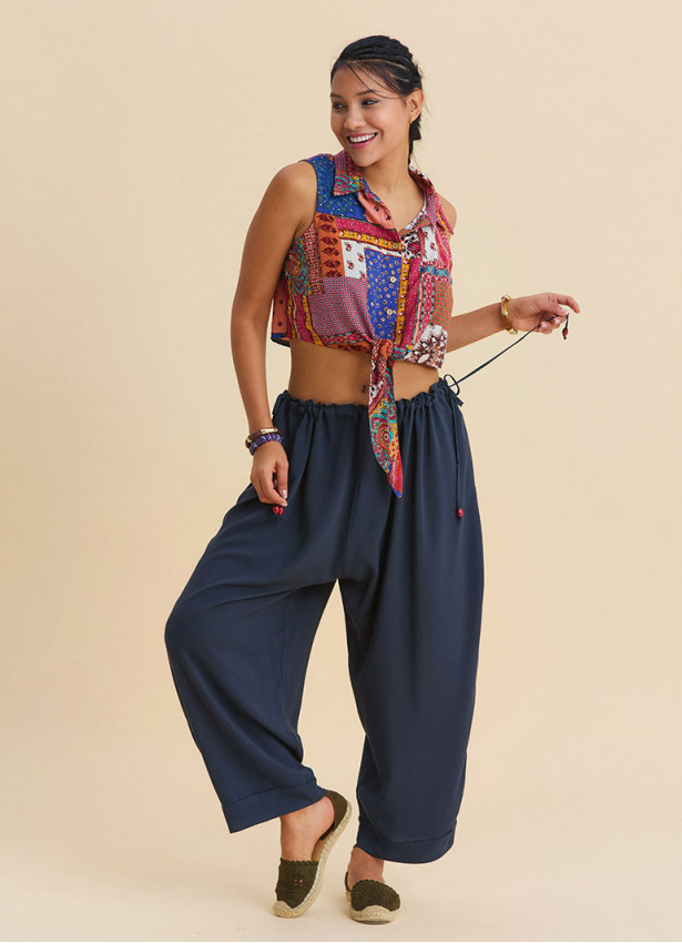 Adjustable Waist Anthracite Women's Bohemian Trousers with Drawstring Detail 4852