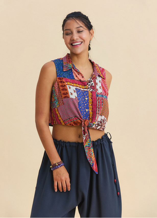 Asymmetrical Cut Blue Summer Blouse with Shirt Collar  4965