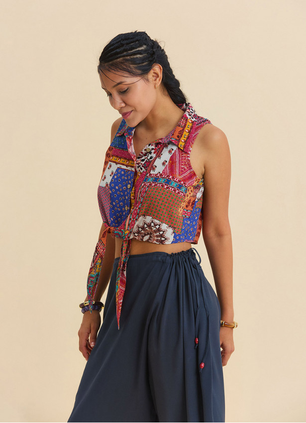 Asymmetrical Cut Blue Summer Blouse with Shirt Collar  4965