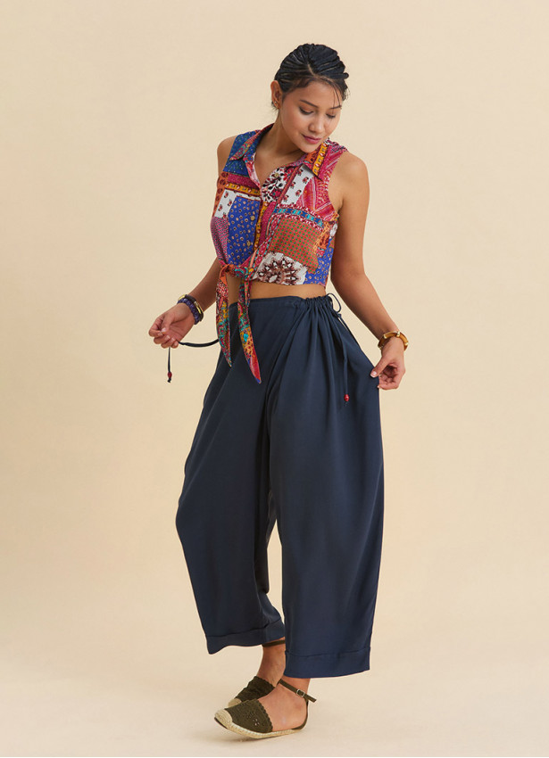 Adjustable Waist Anthracite Women's Bohemian Trousers with Drawstring Detail 4852