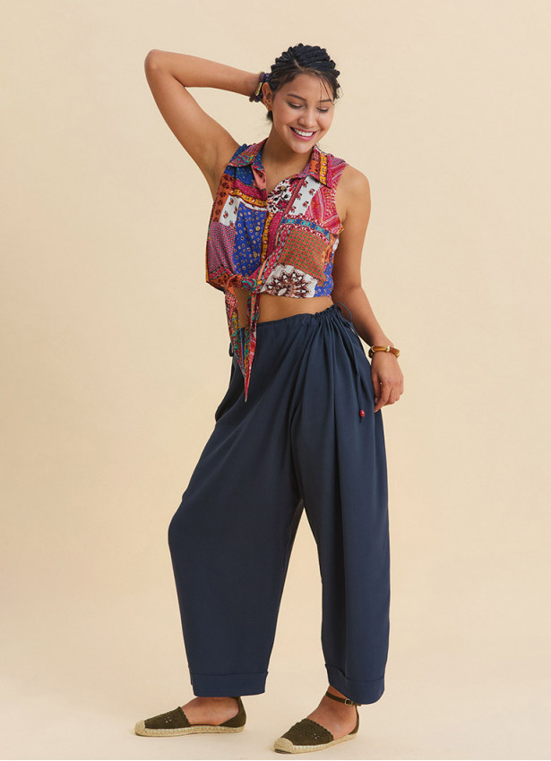 Adjustable Waist Anthracite Women's Bohemian Trousers with Drawstring Detail 4852