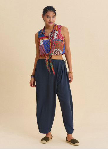 Adjustable Waist Anthracite Women's Bohemian Trousers with Drawstring Detail 4852