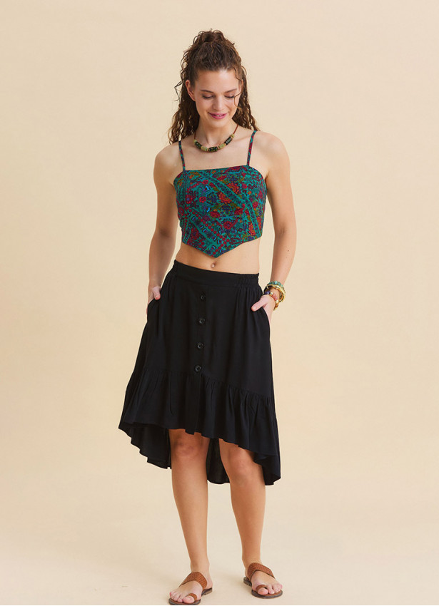 Black Asymmetrical Skirt with Elastic Waistband, Buttons, and Ruffles  4995