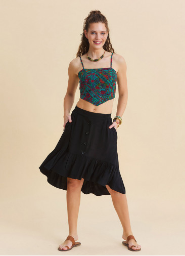 Black Asymmetrical Skirt with Elastic Waistband, Buttons, and Ruffles  4995