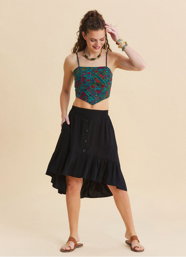 Black Asymmetrical Skirt with Elastic Waistband, Buttons, and Ruffles  4995