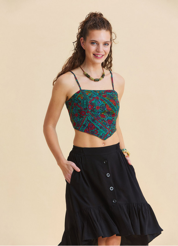 Adjustable Strap Blouse with Elastic Back and Green Floral Print 4937