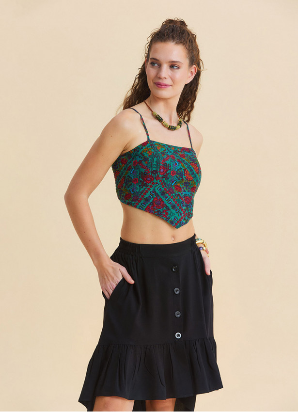 Adjustable Strap Blouse with Elastic Back and Green Floral Print 4937