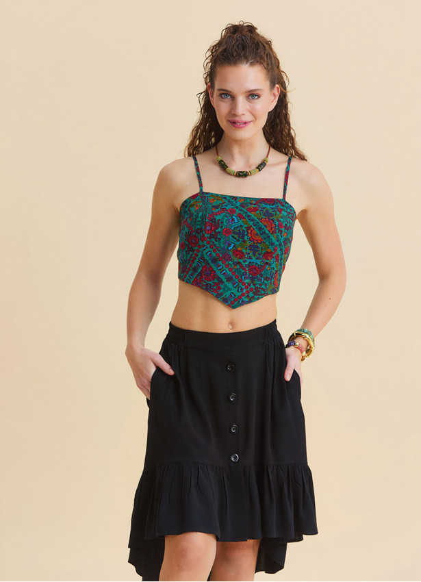 Adjustable Strap Blouse with Elastic Back and Green Floral Print 4937