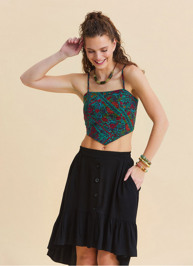 Adjustable Strap Blouse with Elastic Back and Green Floral Print 4937