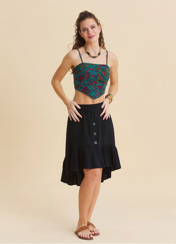 Black Asymmetrical Skirt with Elastic Waistband, Buttons, and Ruffles  4995
