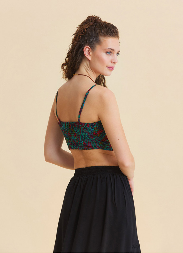 Adjustable Strap Blouse with Elastic Back and Green Floral Print 4937