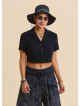 Short Sleeve Black Bohemian Blouse with a Shirt Collar 4953
