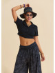 Short Sleeve Black Bohemian Blouse with a Shirt Collar 4953