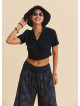 Short Sleeve Black Bohemian Blouse with a Shirt Collar 4953