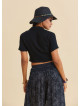 Short Sleeve Black Bohemian Blouse with a Shirt Collar 4953