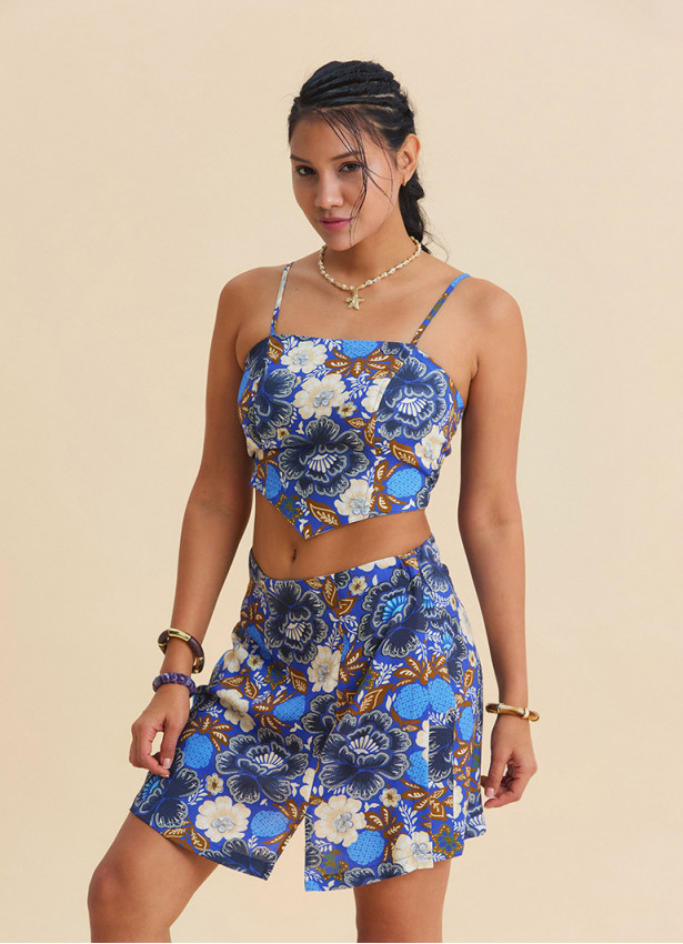 Adjustable Strap Blue Crop Top with Elastic Back 4940