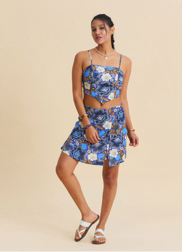 Cross Front Side Zip Blue Patterned Shorts Skirt 4944