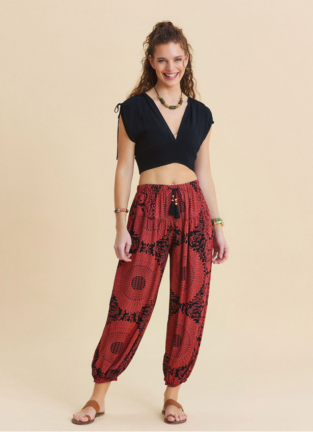 Fuchsia Women's Ethnic Trousers with Elasticated Waistband and Lace Up Detail  4841