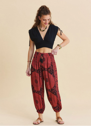 Fuchsia Women's Ethnic Trousers with Elasticated Waistband and Lace Up Detail  4841