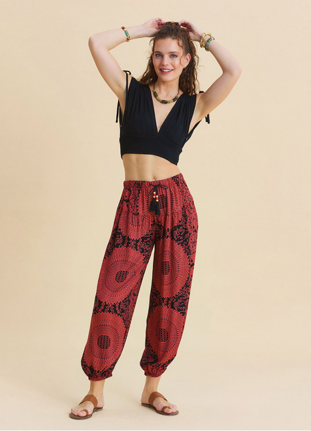 Fuchsia Women's Ethnic Trousers with Elasticated Waistband and Lace Up Detail  4841