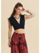 Deep V Neck Black Crop Top with Waistband  4932
