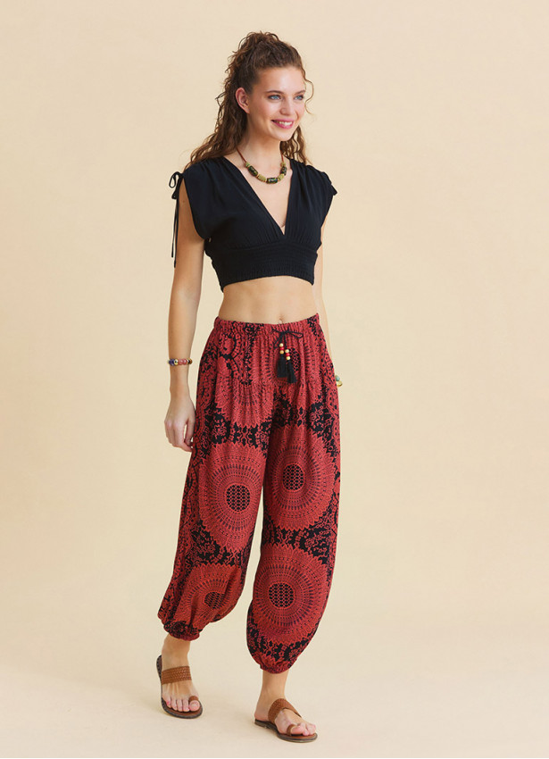 Fuchsia Women's Ethnic Trousers with Elasticated Waistband and Lace Up Detail  4841