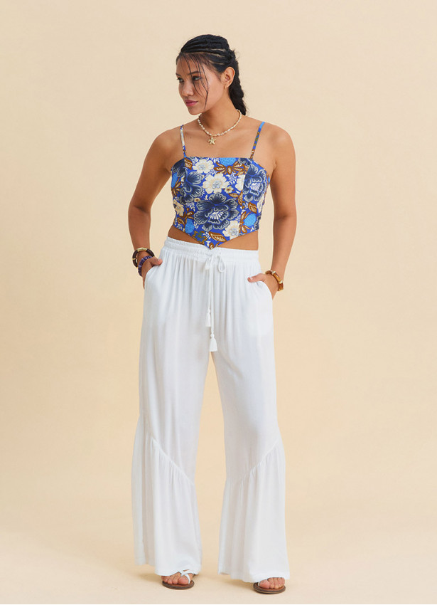 White Womens Viscose Trousers with Belted Waist Pleats and Pockets 4861