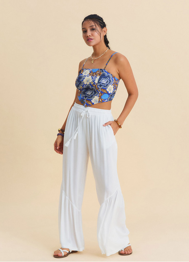 White Womens Viscose Trousers with Belted Waist Pleats and Pockets 4861