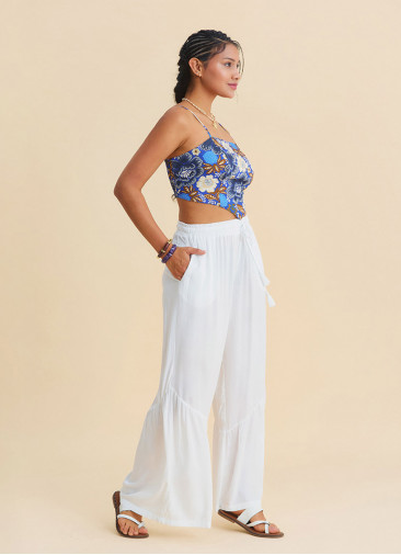 White Womens Viscose Trousers with Belted Waist Pleats and Pockets 4861