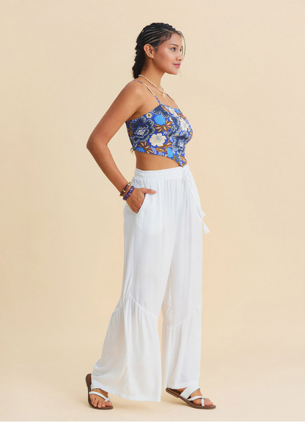 White Womens Viscose Trousers with Belted Waist Pleats and Pockets 4861