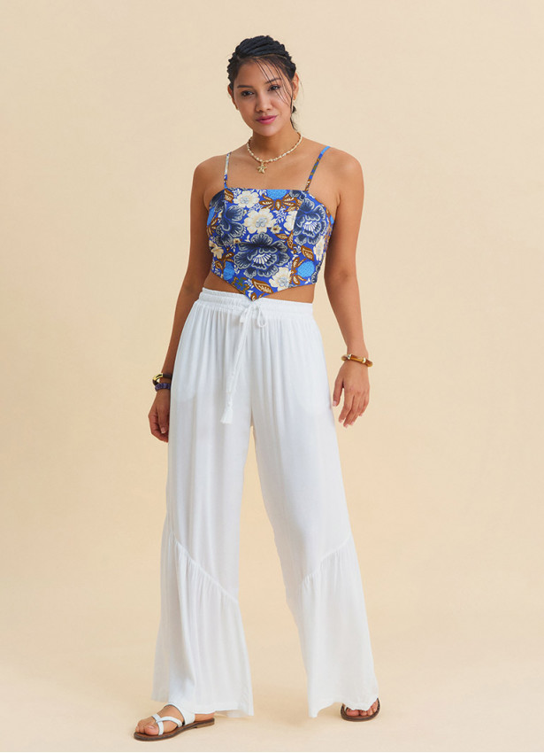 White Womens Viscose Trousers with Belted Waist Pleats and Pockets 4861