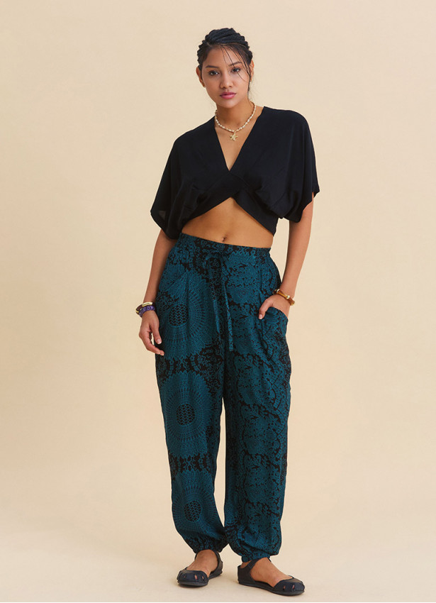 Women's Authentic Petrol Trousers with Elasticated Waist and Pockets 4842