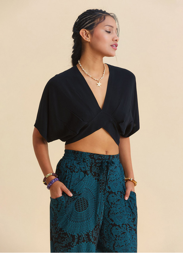 Crew Neck Backless Flowy Black Summer Blouse 4882