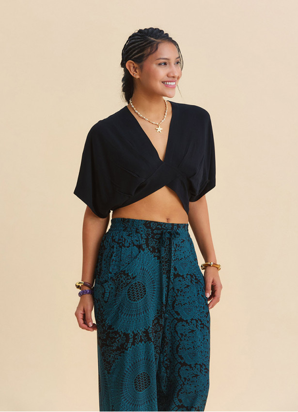 Crew Neck Backless Flowy Black Summer Blouse 4882