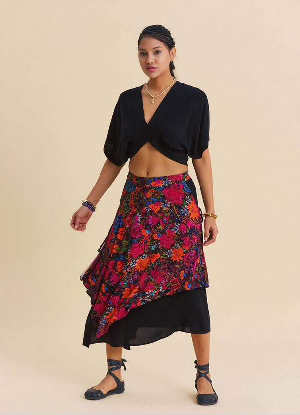 Elasticated Waist Double Layered Black Floral Skirt 4911