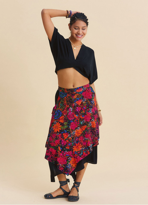 Elasticated Waist Double Layered Black Floral Skirt 4911